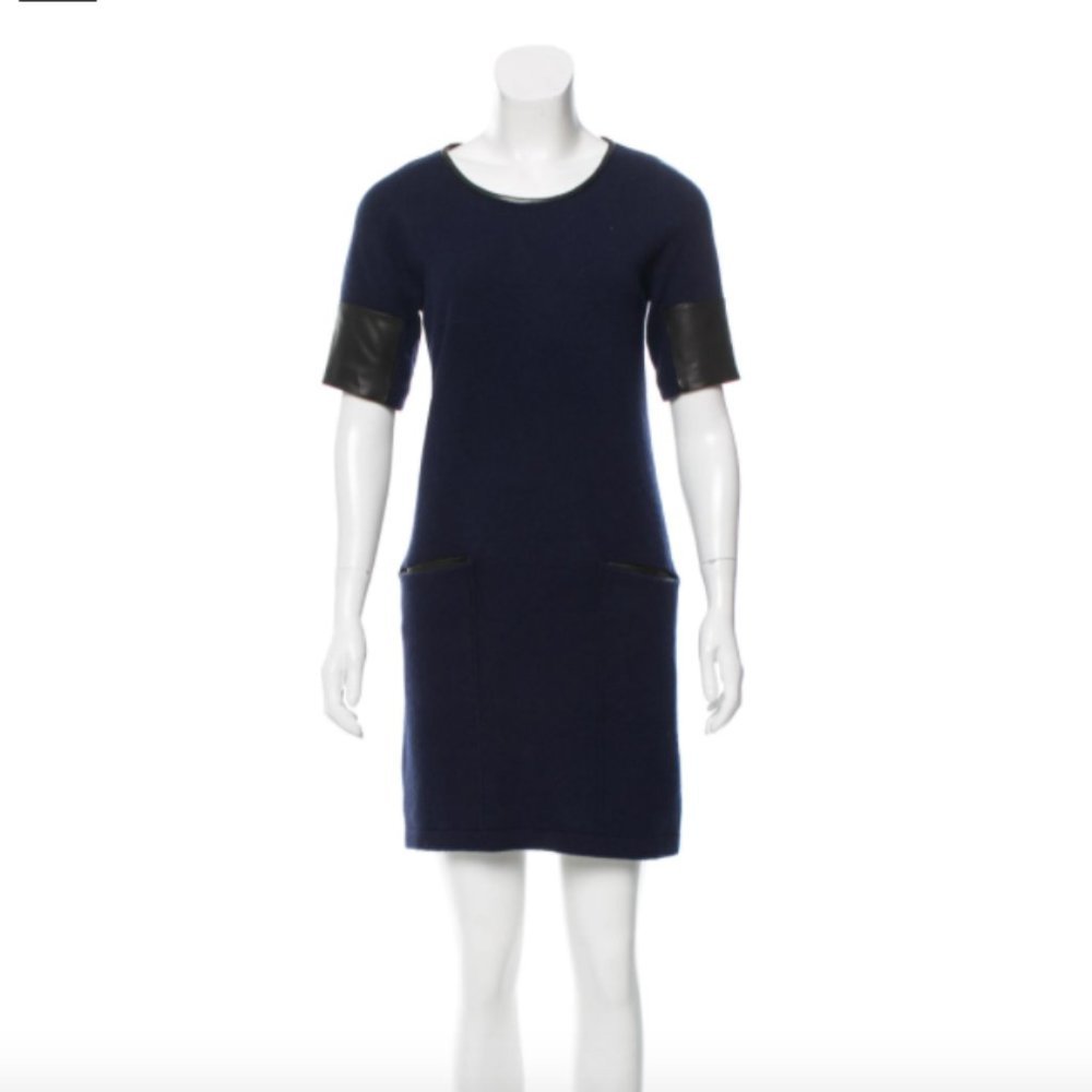 ALLUDE Leather Panel Sweater Dress XS Navy Blue Black